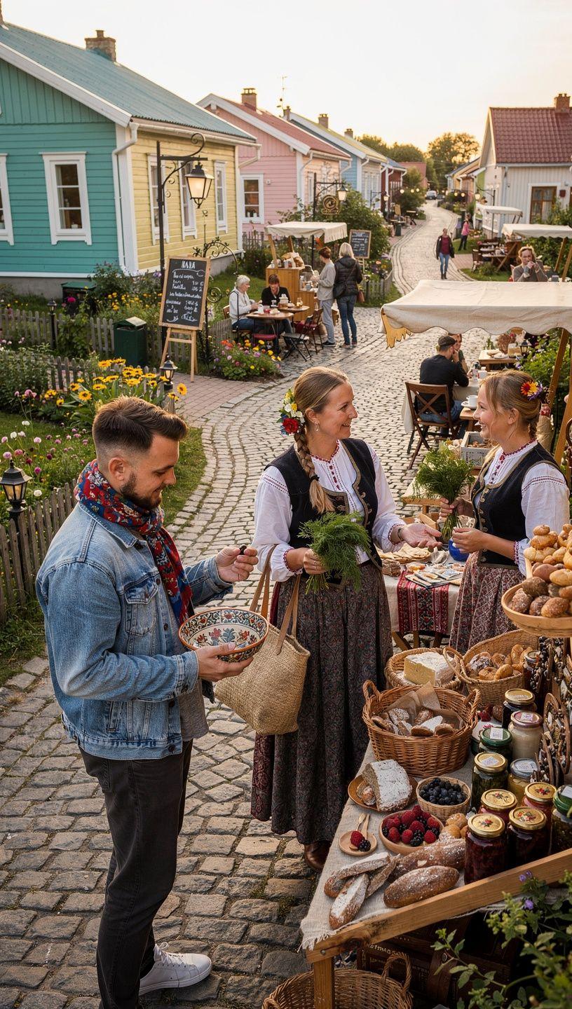 Tradicionāla piejūras zvejnieku ciema ainava ar koka mājām, zaļām takām un skaidri marķētām pieturvietām ceļā no Rīgas līdz Kolkai.